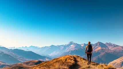 Fototapeta premium A hiker exploring a scenic mountain trail, surrounded by the beauty of nature, with rugged mountains rising in the background. 