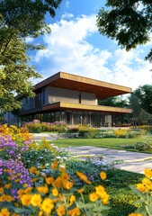 Modern House with Lush Garden and Stone Pathway