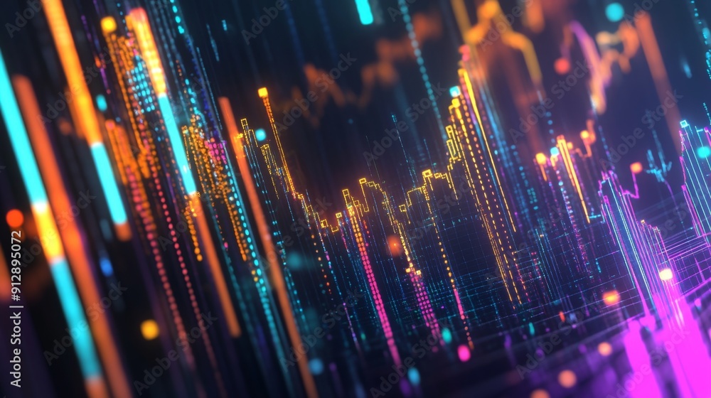 Poster colorful abstract 3d financial graph with intersecting shapes and glowing data points.