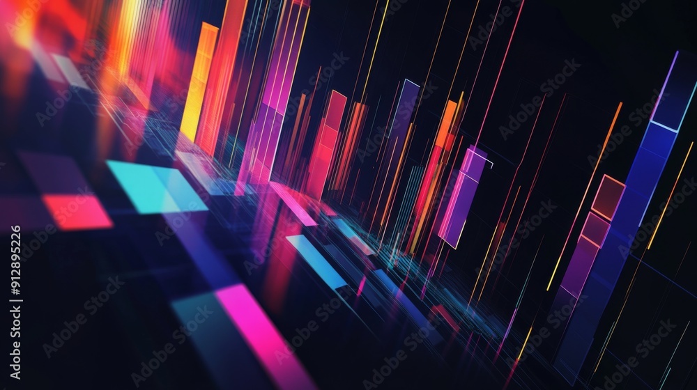 Poster colorful abstract 3d financial graph with intersecting lines and bars against a dark backdrop.