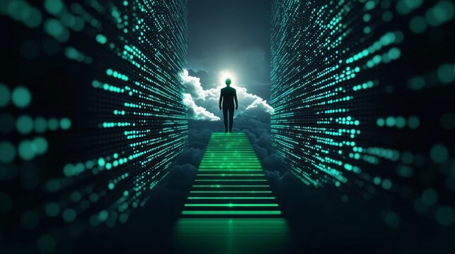 Ascending cloud staircase to a shining figure