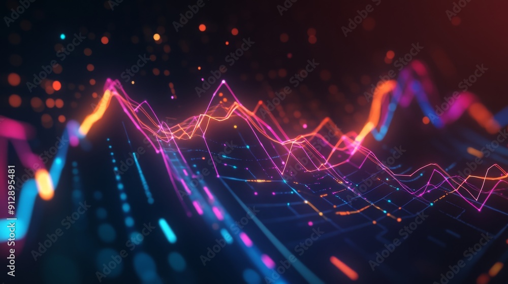 Poster colorful abstract 3d financial graph with intersecting lines and bars against a dark backdrop.