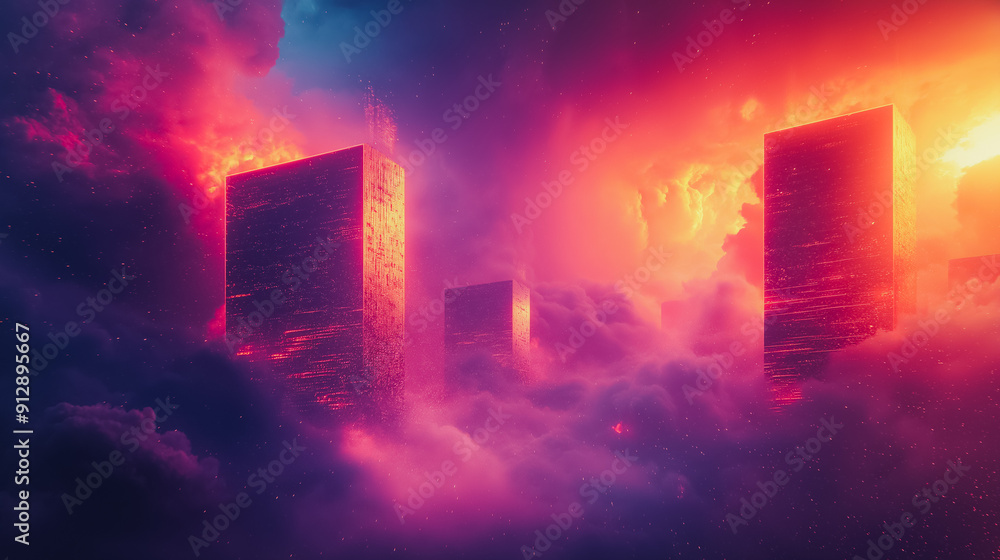Poster futuristic abstract art of tower with dynamic shapes and neon colors.