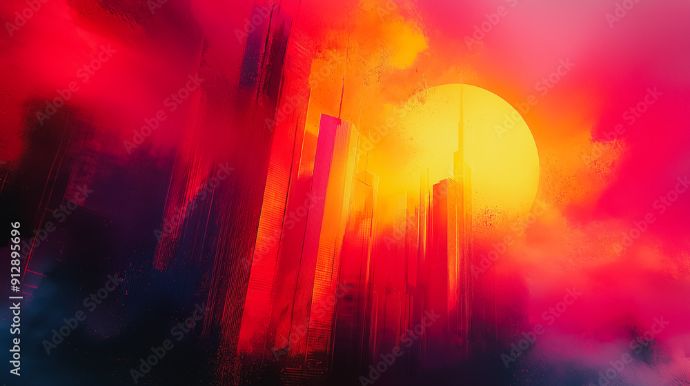 Poster futuristic abstract art of tower with dynamic shapes and neon colors.
