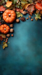 A vibrant collection of orange and white pumpkins, walnuts, and autumn leaves arranged artistically against a dark green backdrop