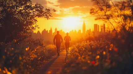 Fototapeta premium Couple jogging on a path at sunset with city skyline