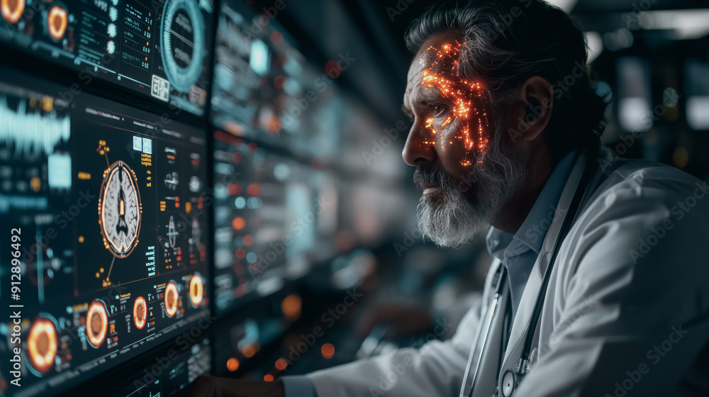 Poster high-tech hospital with doctors utilizing ai diagnostic tools, analyzing patient data and offering t
