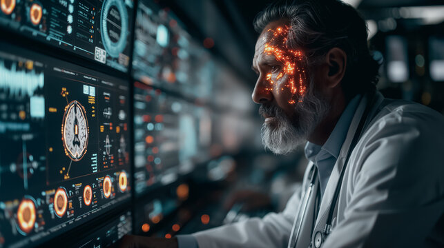 High-tech hospital with doctors utilizing AI diagnostic tools, analyzing patient data and offering treatment recommendations on advanced digital displays.