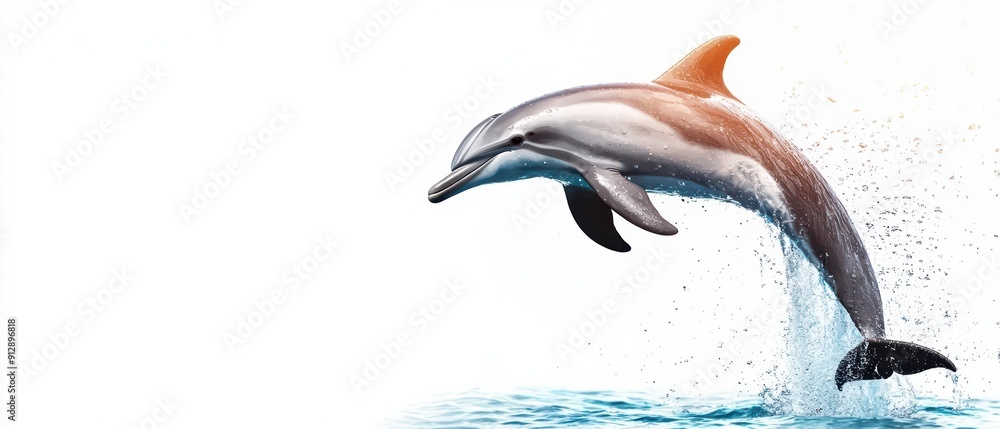 Poster a light water color depiction of a playful dolphin leaping out of the ocean with an explosion of sof