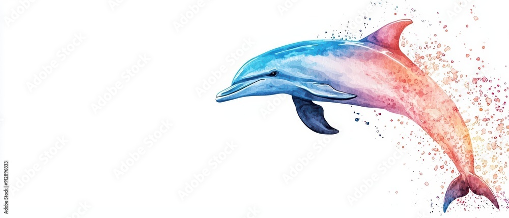 Poster a light water color depiction of a playful dolphin leaping out of the ocean with an explosion of sof