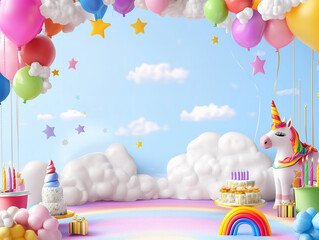 A vibrant 3D rainbow world birthday party background with rainbows, clouds, and unicorns, perfect for a colorful celebration. Empty copy space included for text. AI