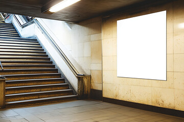 A blank white poster on the wall of an underground subway station, with stairs leading up to it.