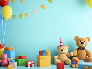 Obraz premium A playful 3D Toyland birthday party background with toys, building blocks, and teddy bears, ideal for a joyful celebration. Empty copy space included for text. AI