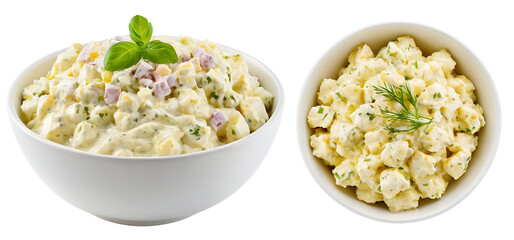  Two white bowls filled with creamy potato salad. One bowl is garnished with herbs and bacon bits. Perfect for summer cookouts, potlucks, or deli menus. (Transparent PNG background)