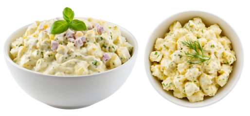  Two white bowls filled with creamy potato salad. One bowl is garnished with herbs and bacon bits. Perfect for summer cookouts, potlucks, or deli menus. (Transparent PNG background)