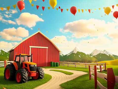 A charming 3D farmyard birthday party background with barns, tractors, and farm animals, ideal for a countryside celebration. Empty copy space included for text. AI