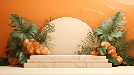 Minimalist podium with tropical leaves and orange background for product display.