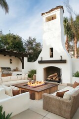 a patio with a fire pit and couches