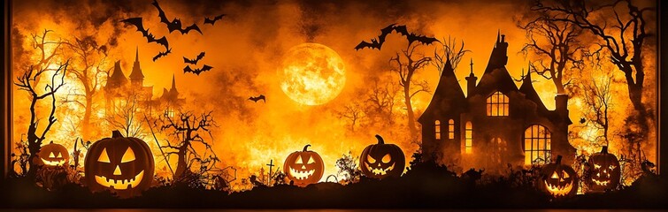 Enchanting Halloween Atmosphere with Haunted House Silhouettes, Glowing Jack-o'-lanterns, and Eerie Lighting for Festive Gathering