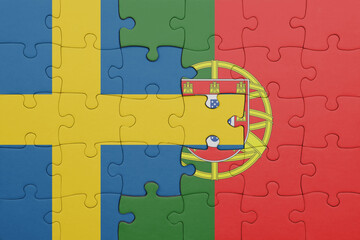 puzzle with the colourful national flag of portugal and flag of sweden.