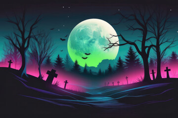 Spooky Night - Halloween Backdrop with creepy landscape graveyard of night sky fantasy forest with neon moon.