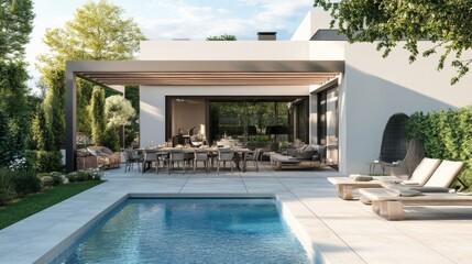 Fototapeta premium Contemporary house 3D visualization with an elegant pool area and outdoor dining space.
