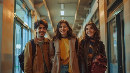 Fototapeta premium Three Young Adults Standing in a Corridor