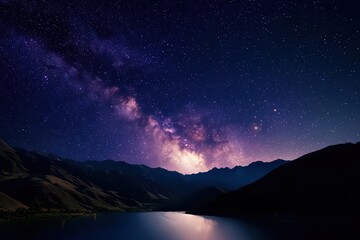 Fototapeta premium A twilight scene in a wonderful landscape featuring the Milky Way galaxy above a serene mountain range the sunlit path and light effect enhance the beauty of the night sky making i
