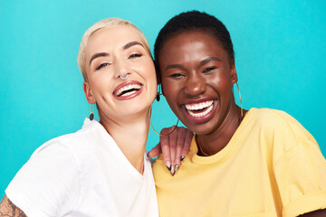 Women, happiness and portrait for friendship, together and bonding in studio background with...