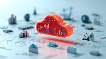 Three Dimensional Glowing Red Data Cloud Surrounded by Financial Analytics Icons on Solid Background