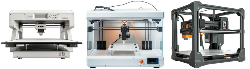 Fototapeta premium Three different 3D printers isolated on a white background.