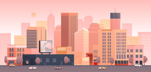 City at sunset or dawn illustration in orange and pink color. Urban cityscape of downtown with buildings and skyscrapers. Evening or morning colorful landscape with street traffic.