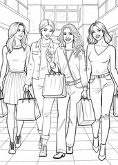 Friends shopping together coloring page