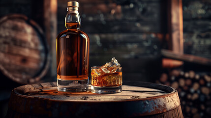 A bottle of whisky and a glass of whisky on a wooden table