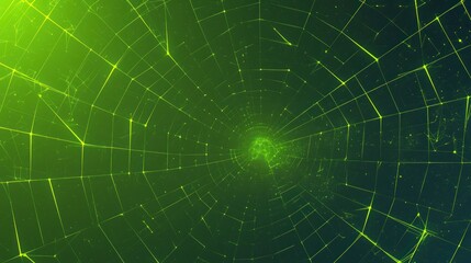 Obraz premium Green digital abstract spider web background with dark black hexagons, resembling carbon spheres, displayed on a cinematic background