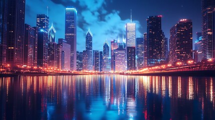Nighttime cityscape with skyscrapers reflecting in a calm body of water.