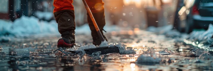 I retouched a photo of a janitor removing ice from the footpath after the frost has melted Selective focus