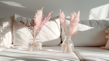   A pair of vases sit on the bed with a stuffed animal and white pillow nearby