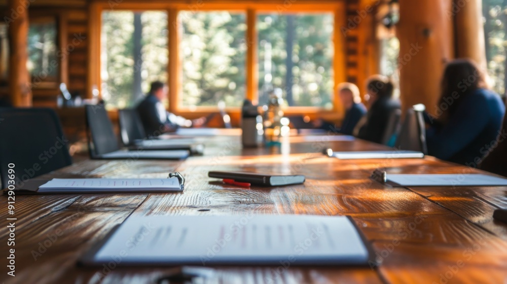 Poster Colleagues gather around a wooden table in a rustic setting, engaged in discussion with sunny views of trees outside.
