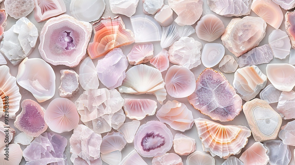 Poster a pile of seashells stacked on a white background adjacent to one another