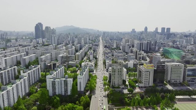 rone View of Seoul city in South Korea, gangnam financial district, Summer 60fps
