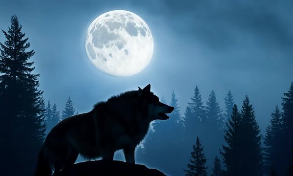 Lone Wolf's Serenade: A majestic wolf howls at the luminous moon in a captivating nocturnal scene, embodying the wild spirit of nature. 