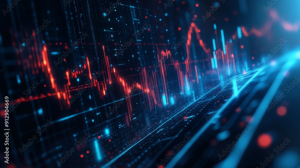 Poster dynamic 3d financial graph with abstract elements and glowing data lines.