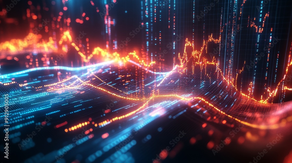 Poster dynamic 3d financial graph with abstract elements and glowing data lines.