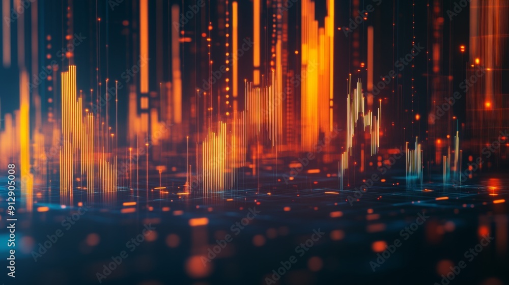 Poster dynamic 3d financial graph with abstract elements and glowing data lines.