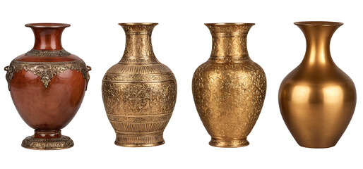 Four ornate brass vases with varying shapes and sizes, featuring intricate designs and a rich patina. Transparent PNG for versatile use. Perfect for home decor, antique collections, or cultural projec