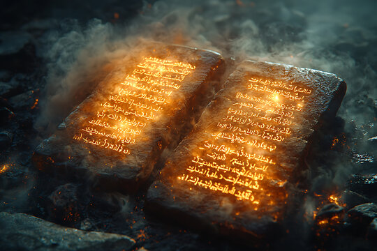 stone tablets with commandments. According to the Bible, these commandments were given by God to Moses on Mount Sinai	
