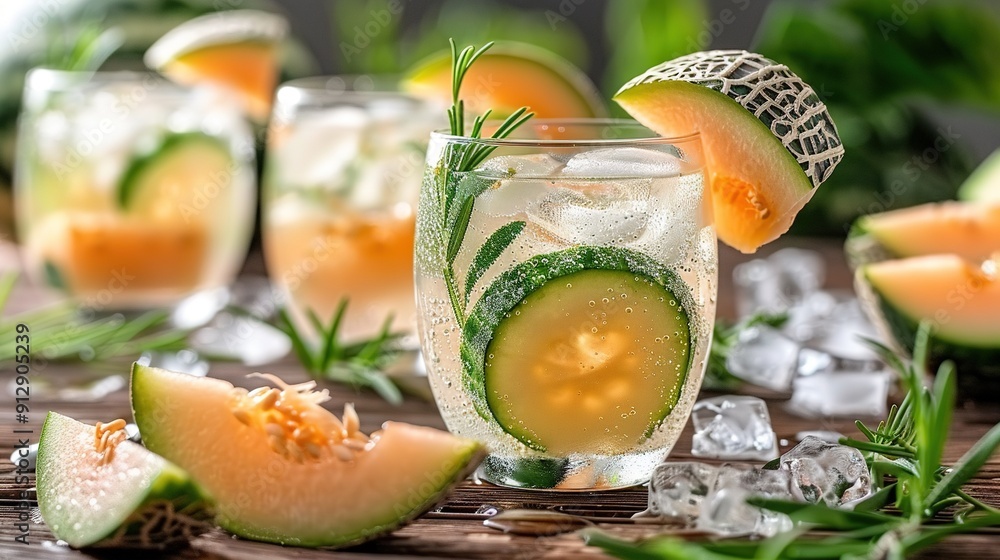 Poster an ice-cold glass filled with a sliced cucumber and a chunk of watermelon on top of ice cubes