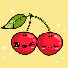 Vector illustration in kawaii style, hand drawn food character cherry