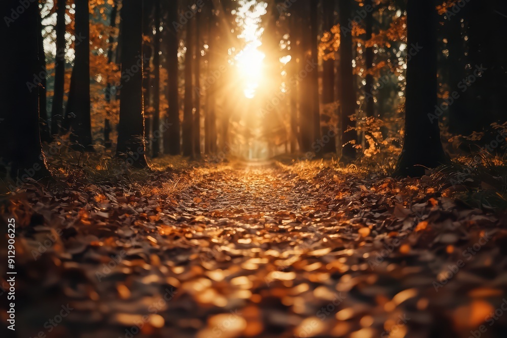 Poster imagine a wonderful landscape where a sunlit path meanders through a vibrant autumn forest as golden